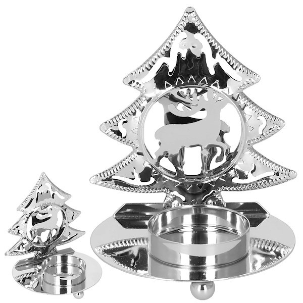 Świecznik świąteczny metalowy z choinką srebrny