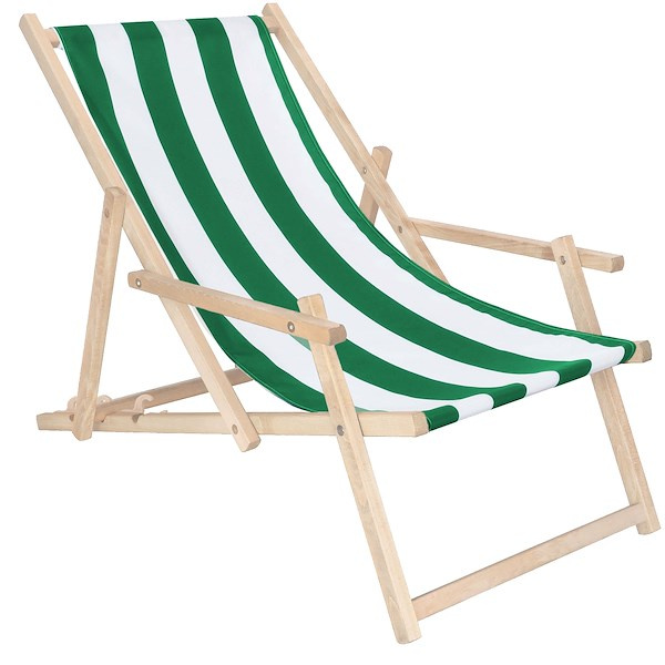 Leżak drewniany z podłokietnikami ogrodowy, plażowy zielono-białe pasy