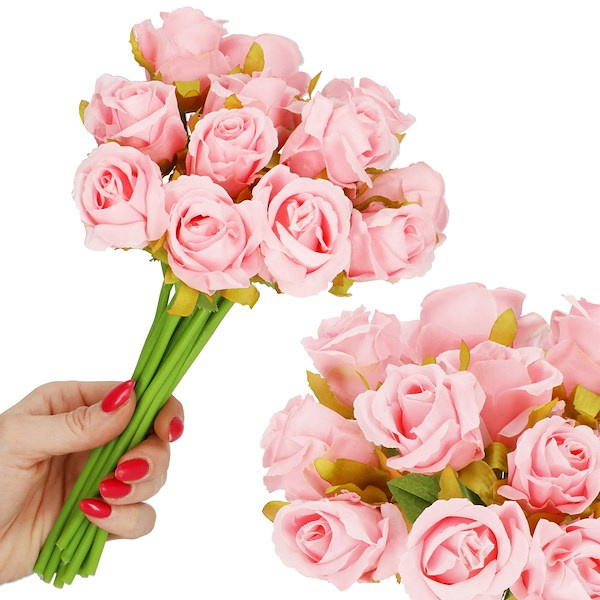 Sztuczny bukiet róż 12 różowych kwiatów dekoracyjnych 26 cm ozdoba roślinna