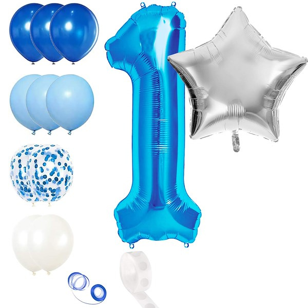 Balony na roczek dla dziewczynki chłopca zestaw z cyfrą 1 urodziny, niebieskie i srebrne