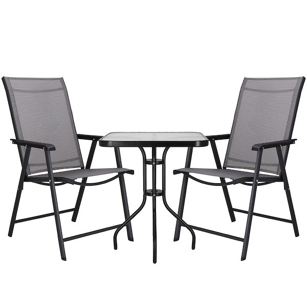 Zestaw mebli ogrodowych stół ze szkłem hartowanym, 2 krzesła komplet na taras szaro-czarny