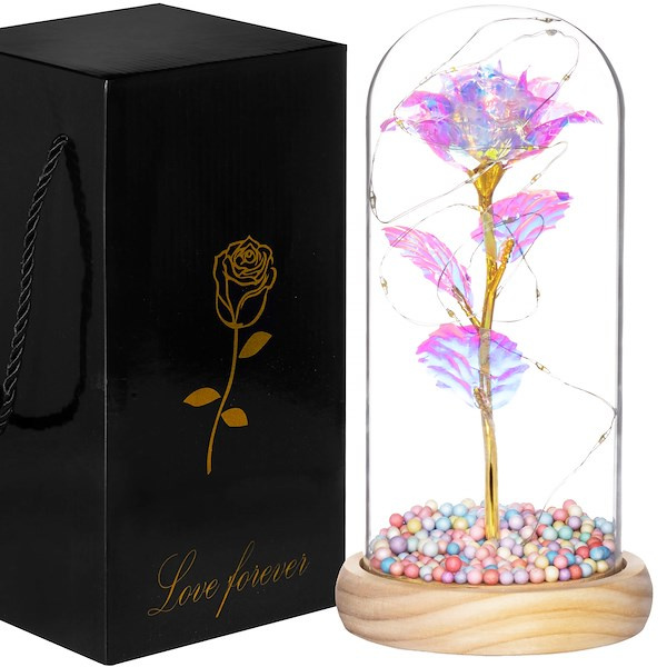 Wieczna róża w kloszu 22 cm świecąca ozdoba LED prezent kryształowa
