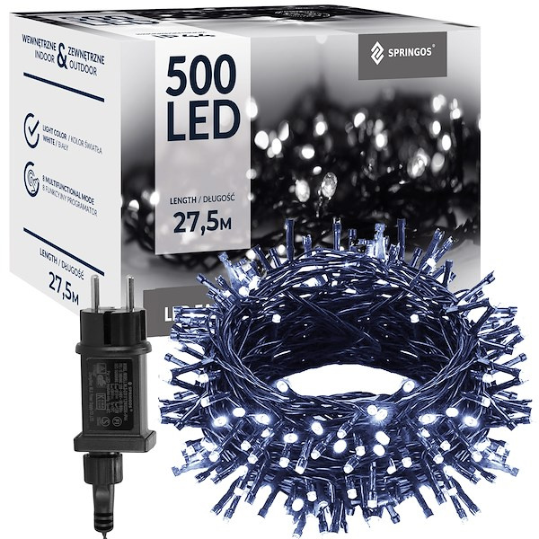 Lampki choinkowe 500 LED 25 m zimny biały +flash zewnętrzne oświetlenie świąteczne
