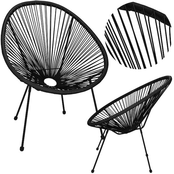 Ratannowy fotel ogrodowy, wys. 87 cm ażurowe krzesło owalne na zewnątrz, czarne