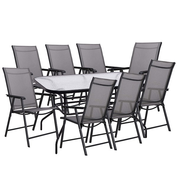 Zestaw mebli ogrodowych stół ze szkłem hartowanym, 8 krzeseł komplet na taras czarno-szary