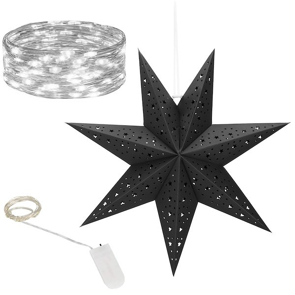 Gwiazda papierowa świąteczna czarna 3D ażurowa i lampki choinkowe 10 led zimny biały
