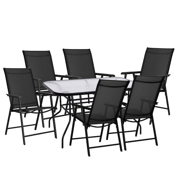 Meble ogrodowe, komplet na balkon dla 6 osób: metalowe 6 krzeseł i stół z szkła hartowanego, czarny