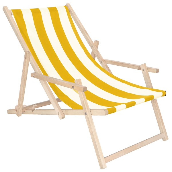 Leżak drewniany z podłokietnikami ogrodowy, plażowy zółto-białe pasy