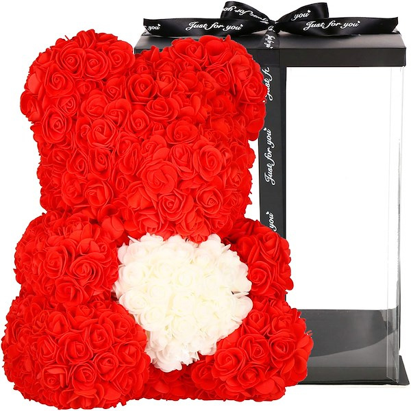 Miś z róż 36 cm czerwony z białym sercem rose bear miś różany w pudełku prezentowym