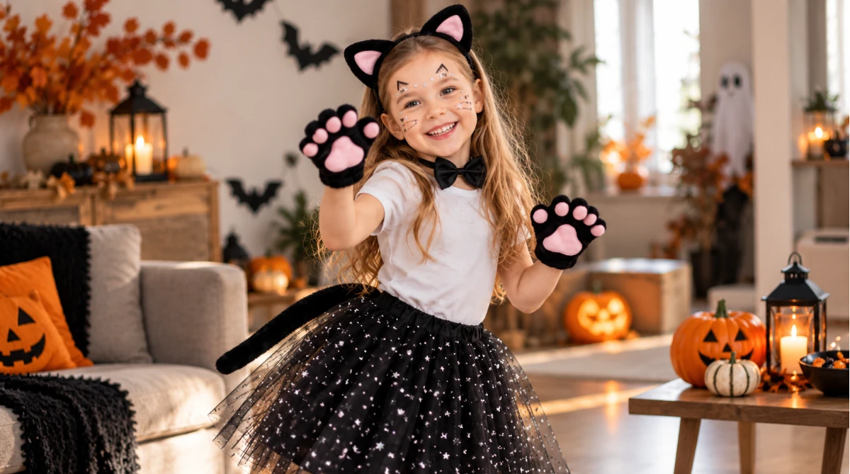 Dziewczynka w stroju kota na Halloween podczas zabawy w domu udekorowanym dyniami i halloweenowymi ozdobami.