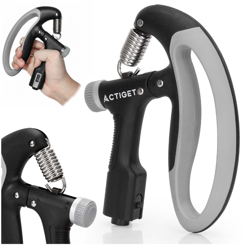 Ściskacz do rąk do ćwiczeń i rehabilitacji z licznikiem ruchów, opór 10-100 kg treningowy,  czarno-szary