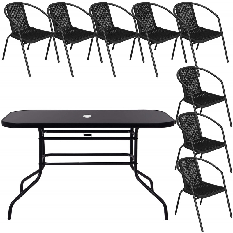 Zestaw ogrodowy stół 140x70 cm i 8 metalowych krzeseł na taras, balkon czarny
