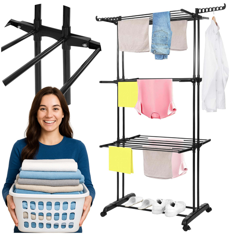 Suszarka na pranie z kółkami, składana 180x75,5x49 cm  do suszenia ubrań i bielizny