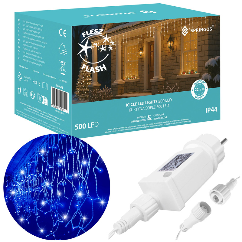 Kurtyna świetlna 500 led niebieski, flash biały zimny girlanda, lampki wewnętrzno-zewnętrzne sople