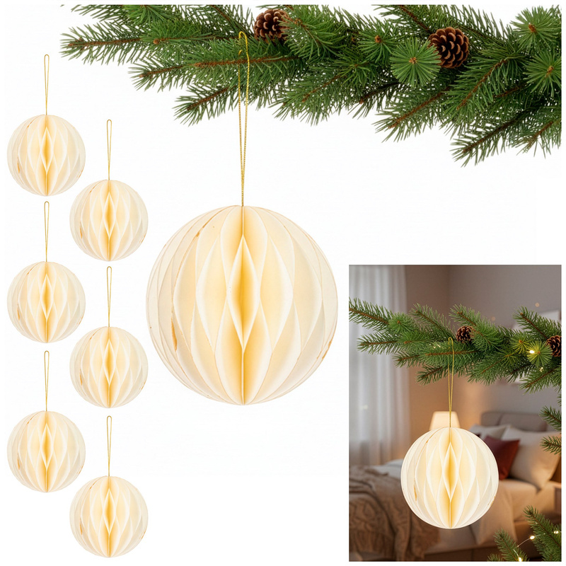 Bombki papierowe komplet 6 szt. ozdoby choinkowe 12 cm zawieszki rozkładane białe