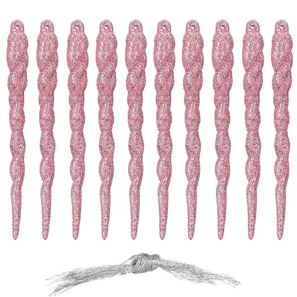 Zawieszki choinkowe 10 szt. 12 cm sople brokatowe różowe