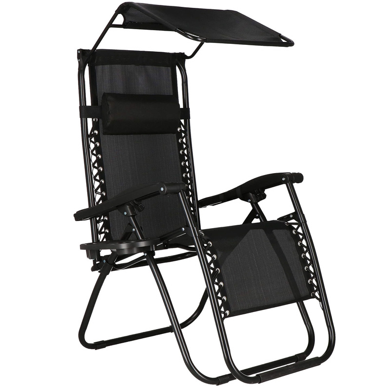 Leżak ogrodowy grawitacyjny z daszkiem i półką na napoje ergonomiczny czarny