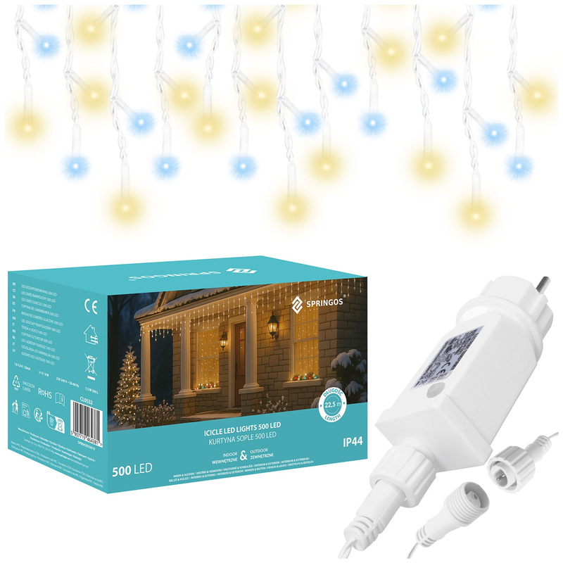 Kurtyna świetlna 500 led girlanda, lampki wewnętrzno-zewnętrzne sople zimny biały + ciepły biały flash