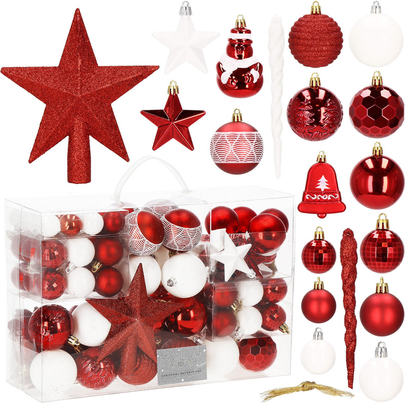 Bombki choinkowe 105 szt. czerwone, białe zestaw choinkowy ozdoby świąteczne
