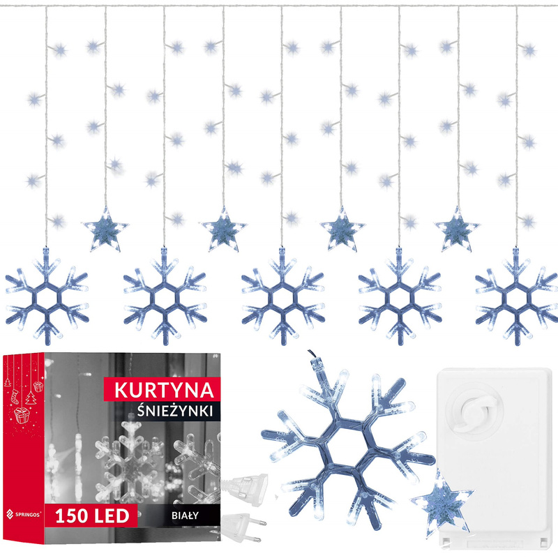 Kurtyna świetlna 150 Led gwiazdy śnieżynki, lampki wewnętrzne światełka sople biały zimny