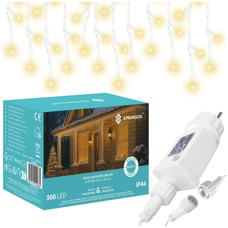 Kurtyna świetlna 300 led girlanda, lampki wewnętrzno-zewnętrzne sople ciepły biały