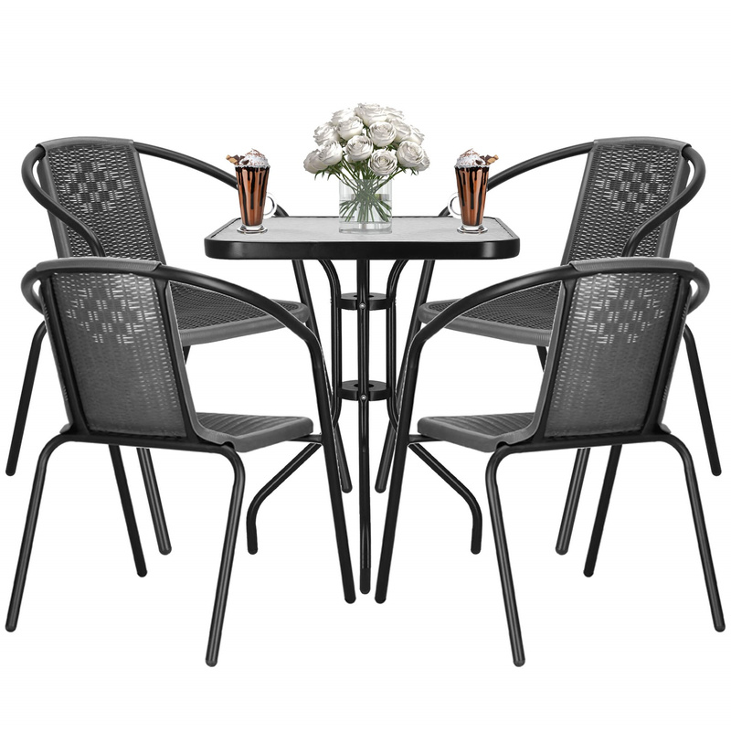Meble na balkon: stolik kawowy z kwadratowym blatem z szkła hartowanego, 4 krzesła metalowe do ogrodu czarno-szary