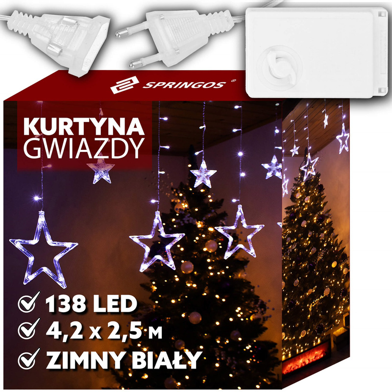 Kurtyna świetlna 138 Led gwiazdy lampki wewnętrzne światełka sople zimny biały