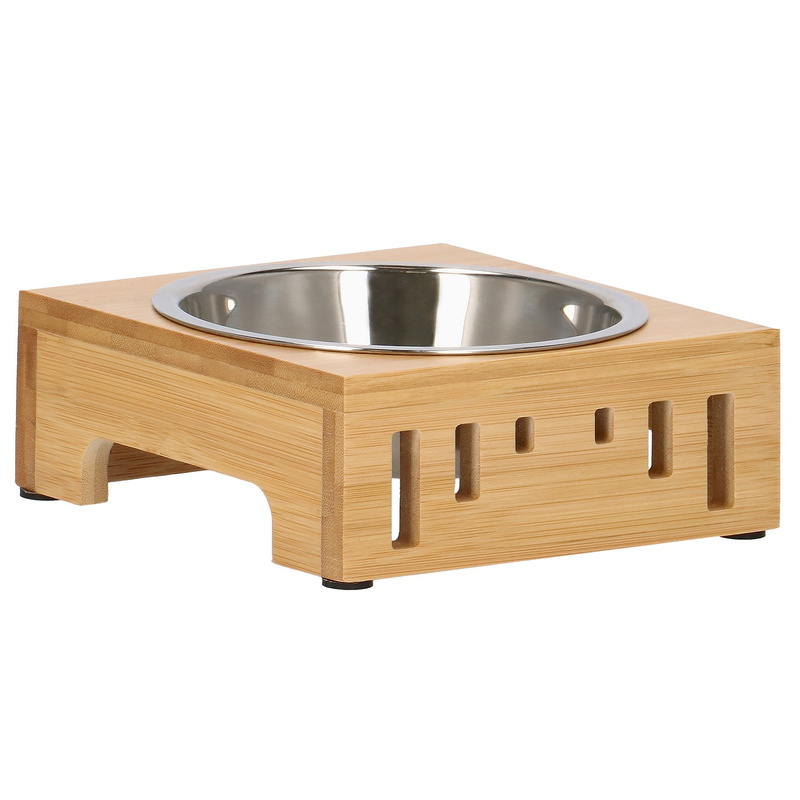 Miska metalowa dla psa i kota z bambusową, antypoślizgową podkładką srebrna