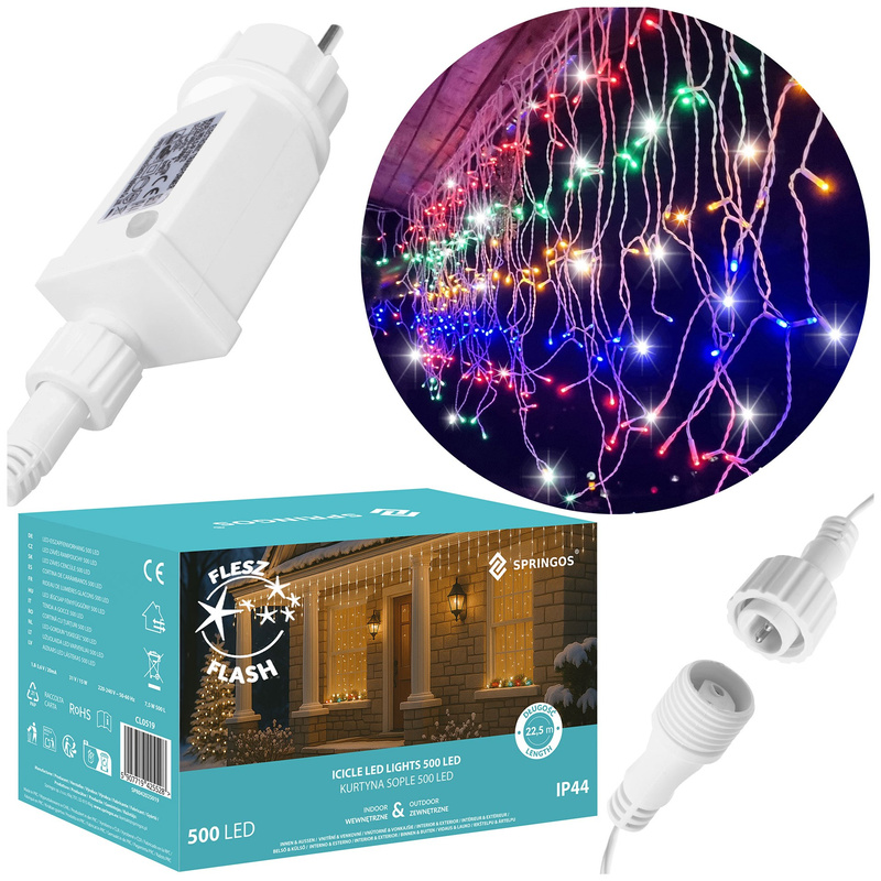 Kurtyna świetlna 500 led multikolor, flash biały zimny girlanda, lampki wewnętrzno-zewnętrzne sople