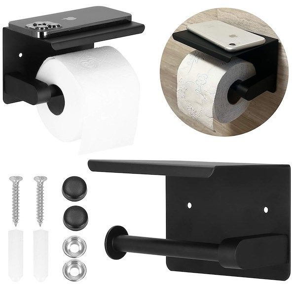 Uchwyt na papier toaletowy samoprzylepne akcesorium łazienkowe stalowe z półką czarne