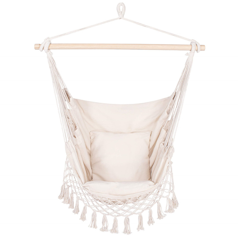 Hamak brazylijski z poduszkami 130x100cm fotel wiszący z frędzlami kremowy