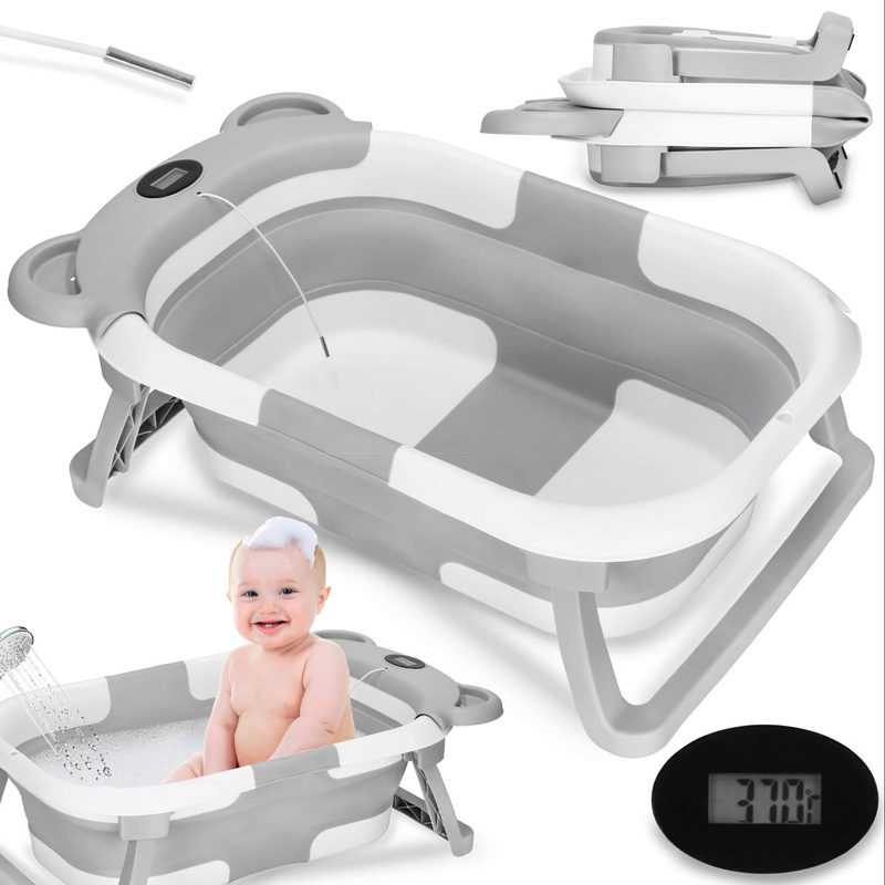 Wanienka dla niemowląt z korkiem i termometrem, składana 27,5 L biało-szara