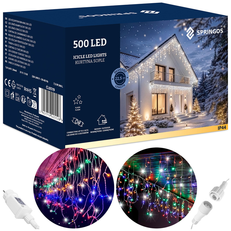 Kurtyna świetlna 500 led multikolor, flash biały zimny girlanda, lampki wewnętrzno-zewnętrzne sople