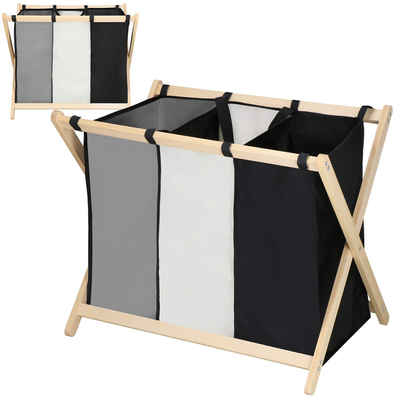 Kosz na pranie z trzema przegrodami 105 L pojemnik składany, czarny, szary, ecru