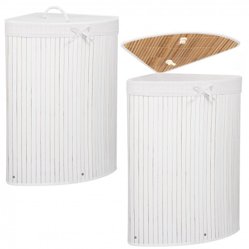 Kosz na pranie 80L narożny pojemnik z klapą bambus naturalny biały