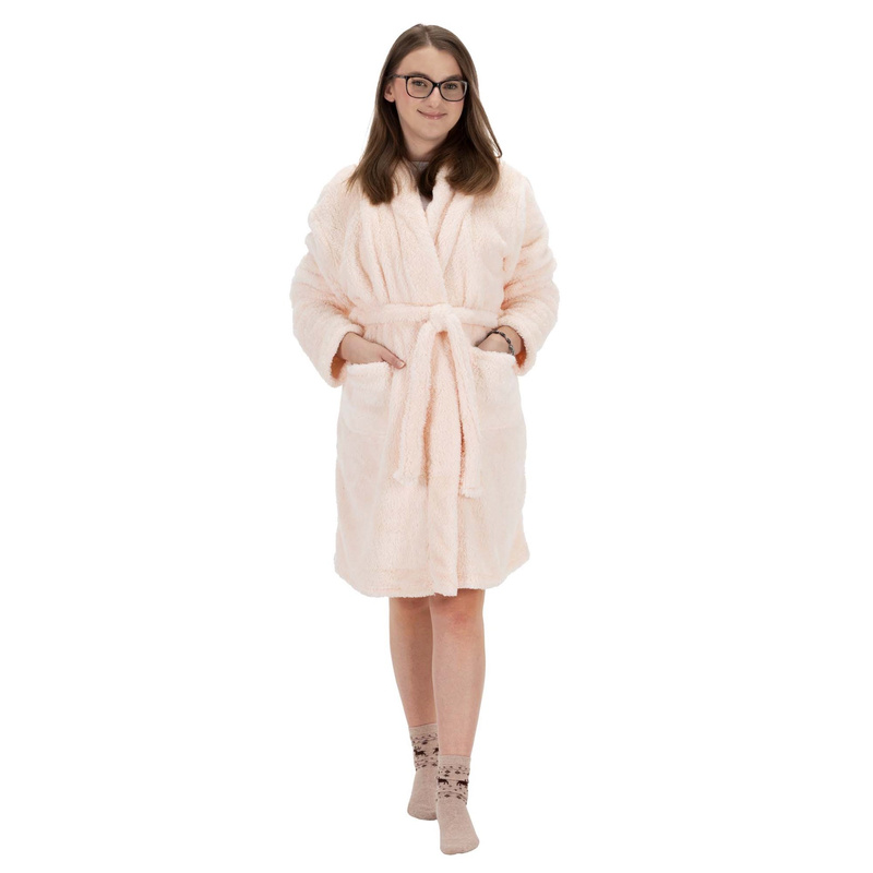 Szlafrok damski z kapturem i paskiem rozm. L/XL polarowy beżowy, miś