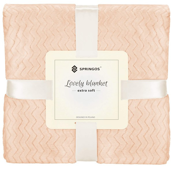 Narzuta na łóżko, koc 130x180 cm pled brzoskwiniowy, dwustronny, tłoczony na kanapę zygzak