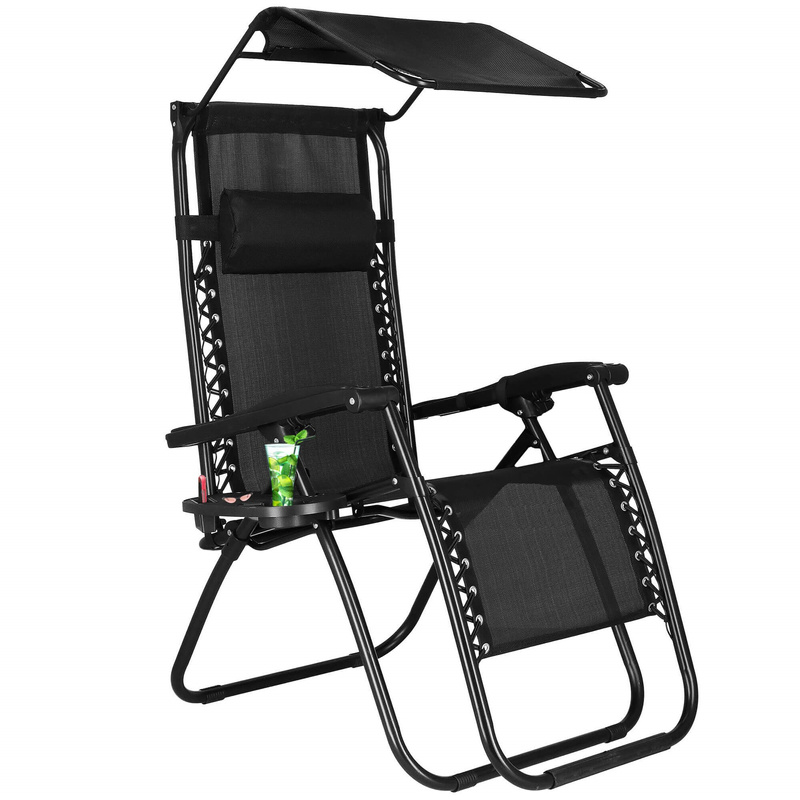 Leżak ogrodowy grawitacyjny z daszkiem czarny zestaw 2 szt.