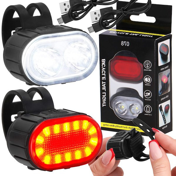 Oświetlenie rowerowe, lampka LED zestaw przód/tył USB akumulatorowa, wodoodporna