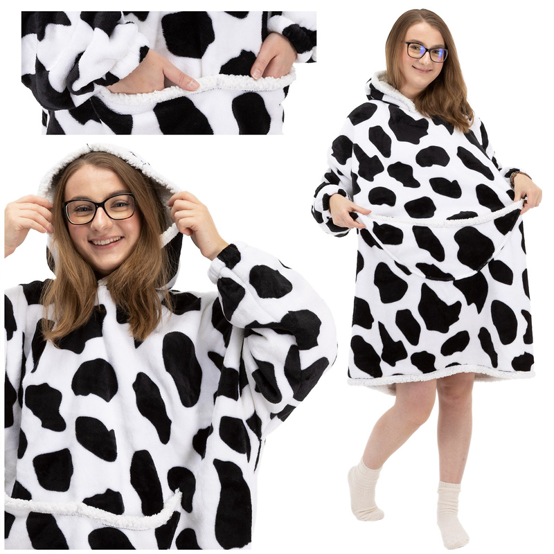 Bluza koc damska 2w1 kocobluza z kapturem ciepła oversize szlafrok futrzak czarno-biała