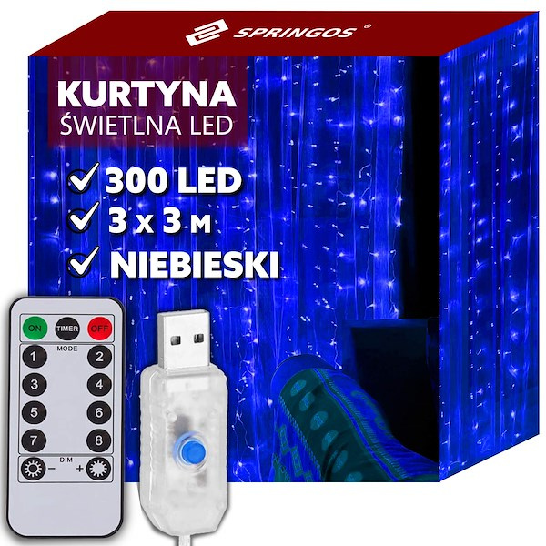 Kurtyna świetlna niebieski 300 Led lampki wewnętrzne z programatorem USB