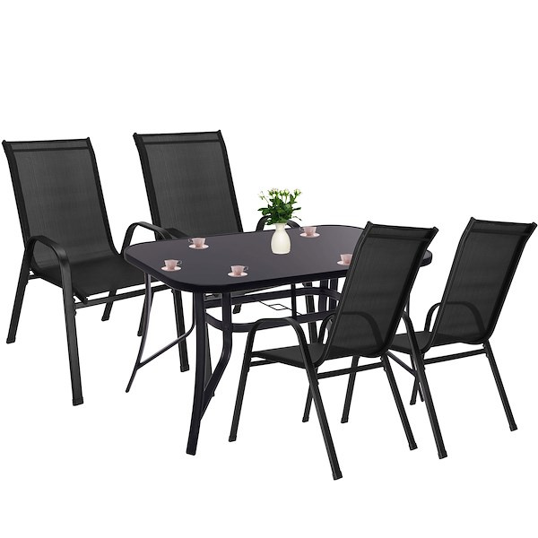 Meble ogrodowe metalowe komplet dla 4 osób stół ze szkłem hartowanym 4 krzesła czarne