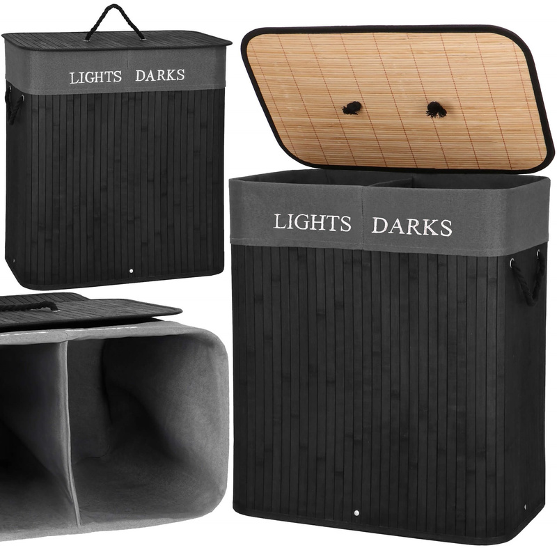 Kosz na pranie z pokrywą 100l czarny bambusowy z 2 komorami