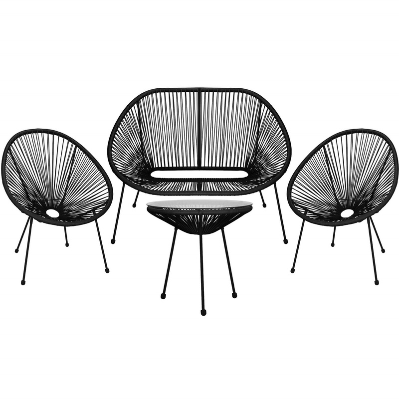 Meble ogrodowe rattanowe stół ze szkłem hartowanym 2 fotele ażurowe, sofa czarne