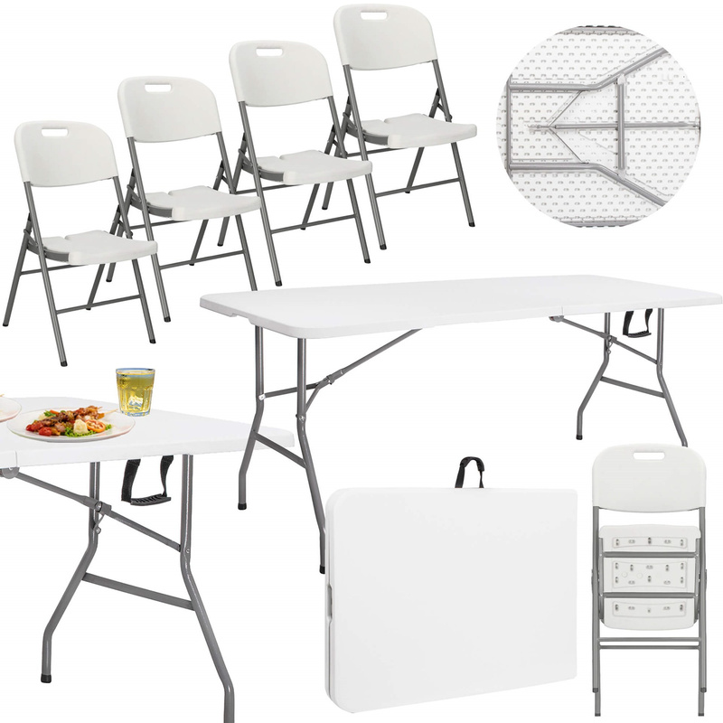 Meble turystyczne składane, stół 180x74 cm z 4 krzesłami zestaw cateringowy ogrodowy biały