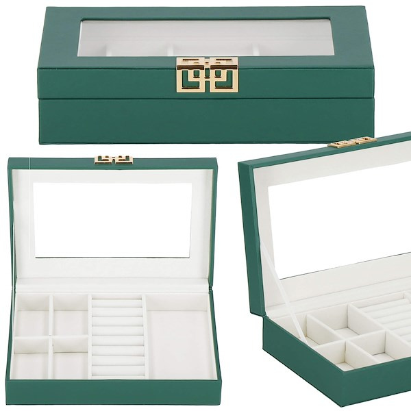 Szkatułka na biżuterię 23,5x14x5,5 cm zielony organizer z przegródkami ekoskóra
