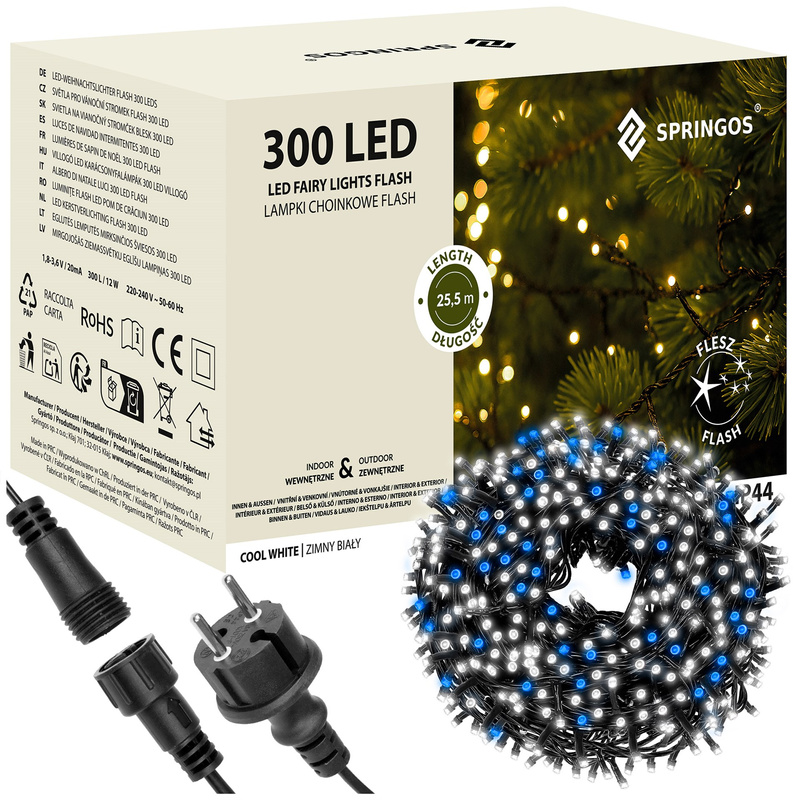 Lampki choinkowe 25,5m zimny biały, flash niebieski 300 led oświetlenie świąteczne IP44