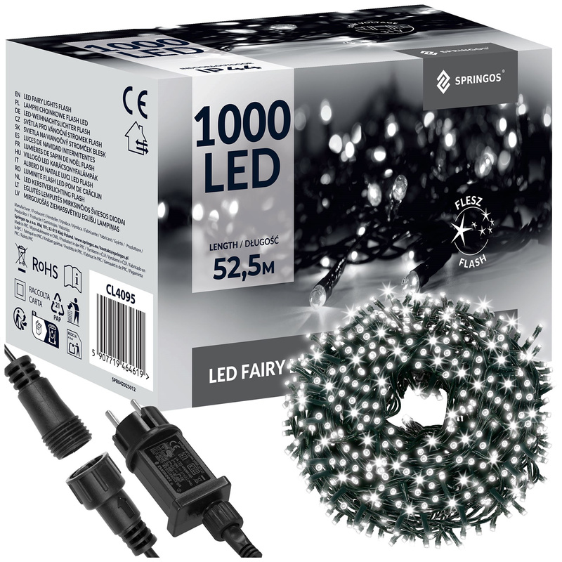 Lampki choinkowe 1000 LED 50 m zimny biały + flash zewnętrzne oświetlenie świąteczne