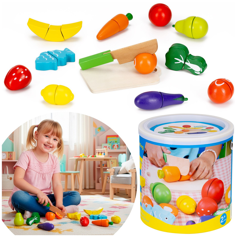 Zestaw warzyw i owoców z deską i nożykiem do krojenia dla dzieci, jedzenie drewniane, kolorowe