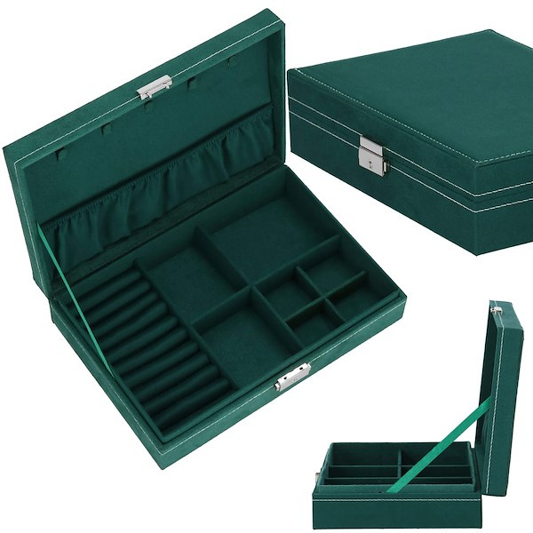 Szkatułka na biżuterię 28x19,5x7 cm zielony kuferek z 17 przegródkami welurowy